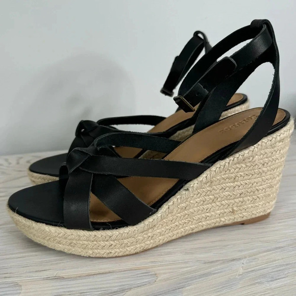 NEW Soludos Charlotte Black Leather Knot Ankle Strap Espadrille Wedges Sz 10 - Picture 1 of 13